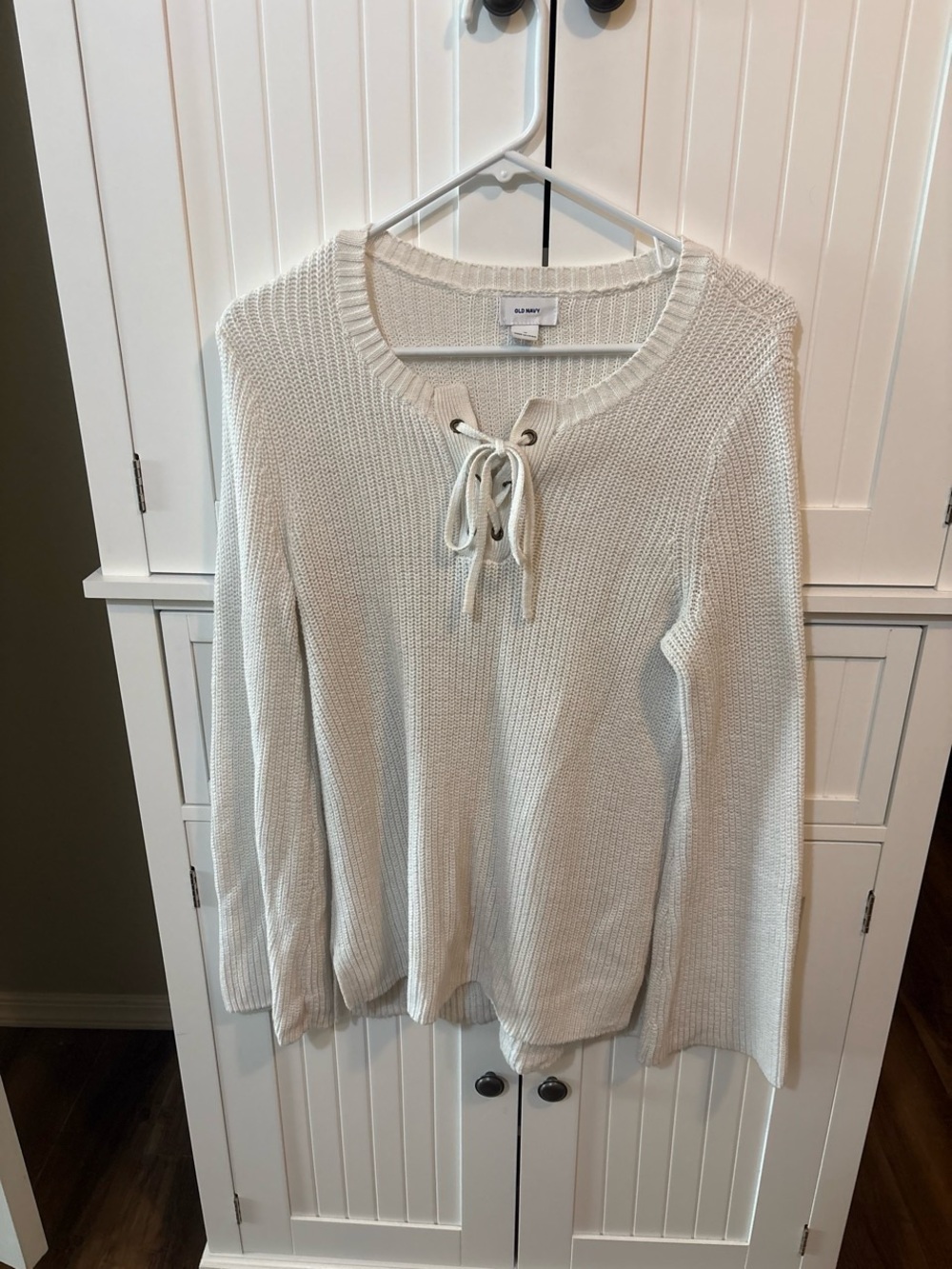 Old Navy White Lace Up Knit Sweater Medium Coastal Nautical